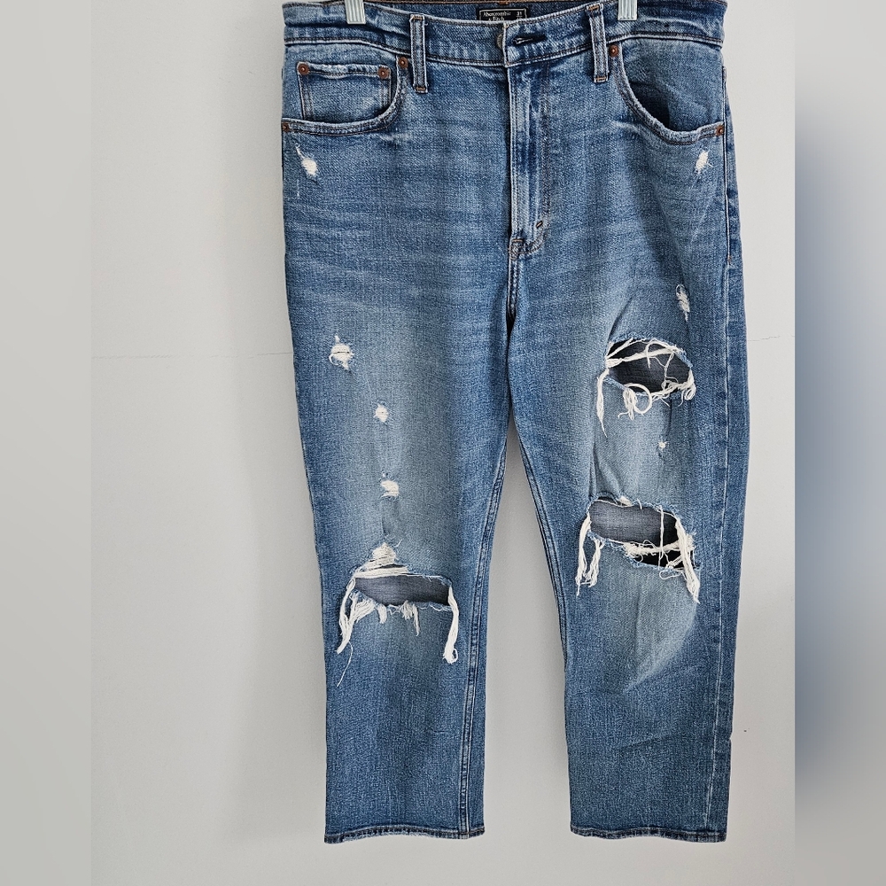 A&F Ultra High Rise Straight Leg Jeans Distressed